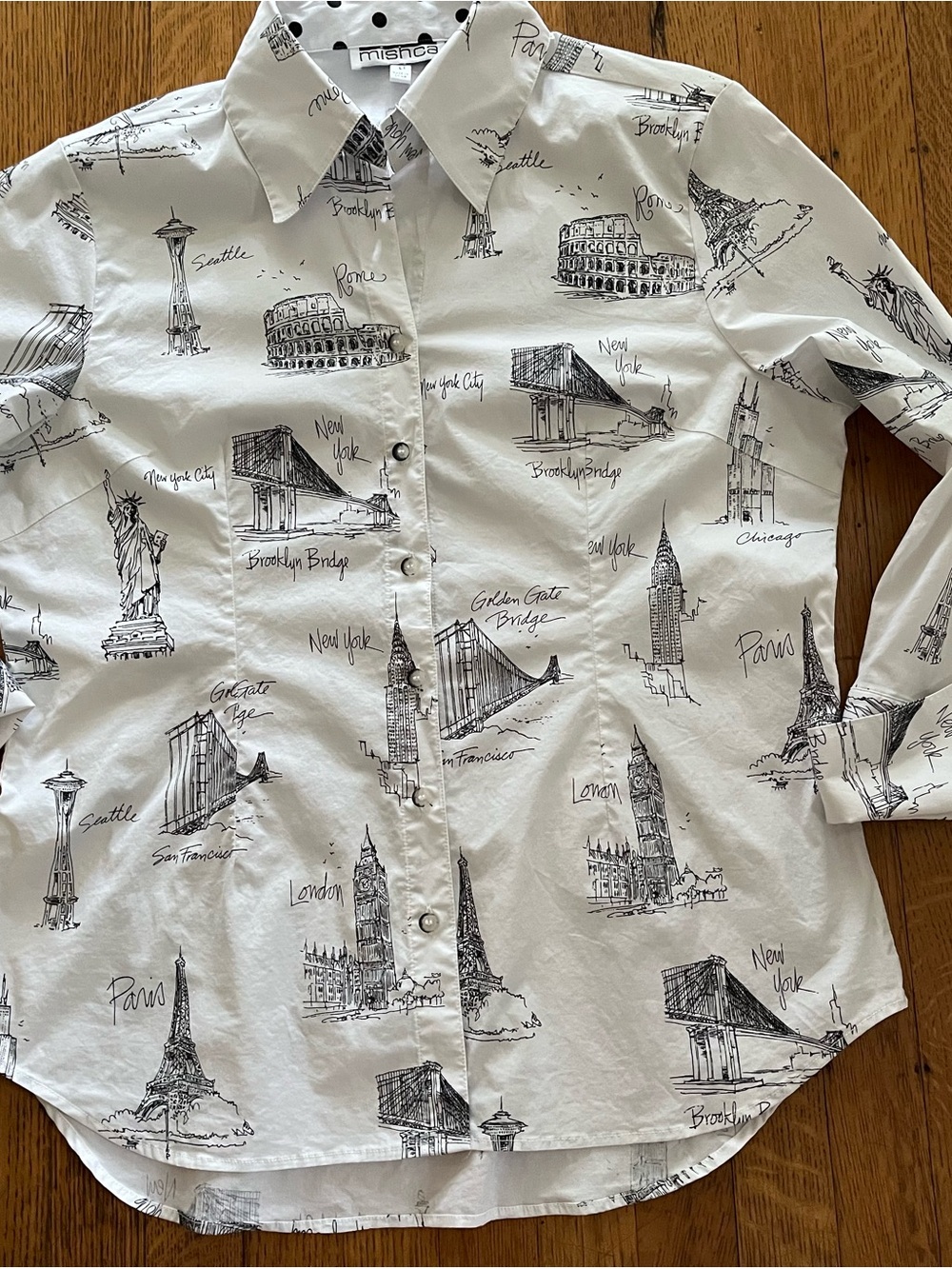 Mishca White Landmark-Print Button Down Shirt Vintage